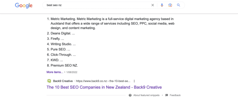 Screenshot of a Featured Snippet for Back9 Creative Google search query best seo nz
