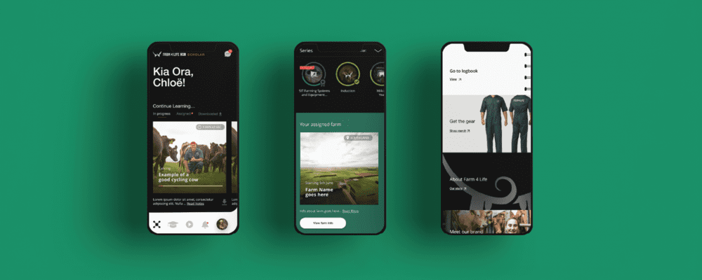 Mock up of 3 screens from farm 4 life app on mobile phones