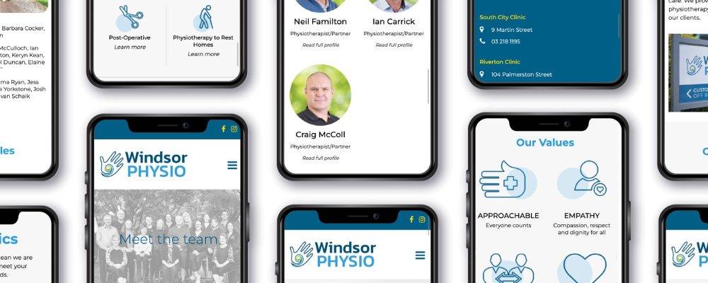 Mockup of Windsor Street Physiotherapy Mobile website on mobile phones