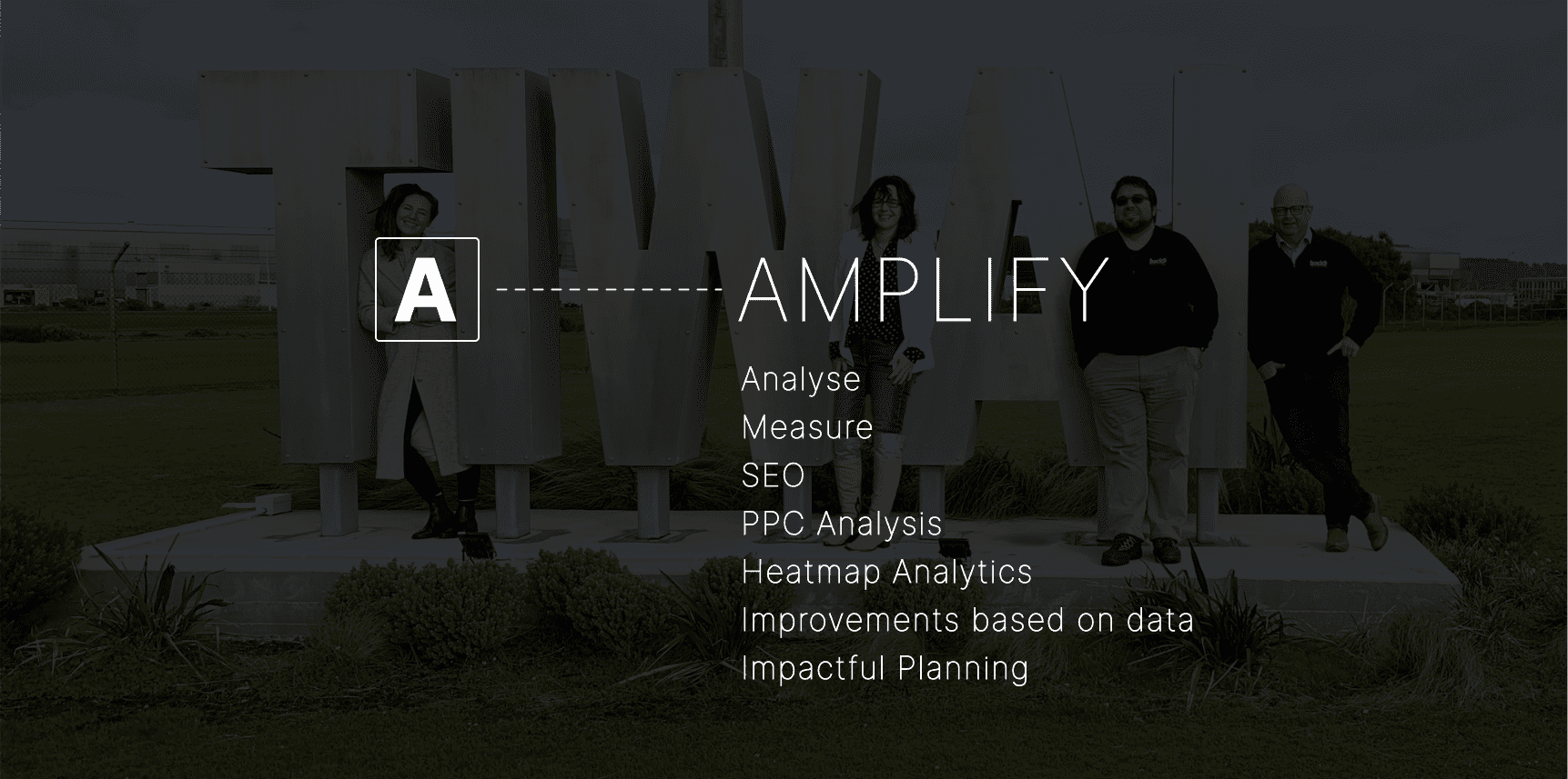 Amplify Banner with white text on black background from Back9 Creative IDEA framework