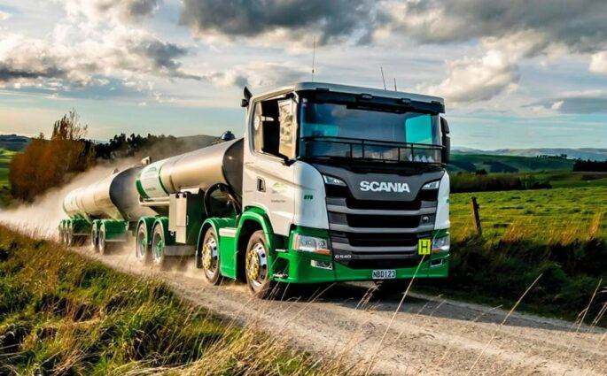 Open-Country-Milk-Tanker-on-Gravel-Road-in-Southland