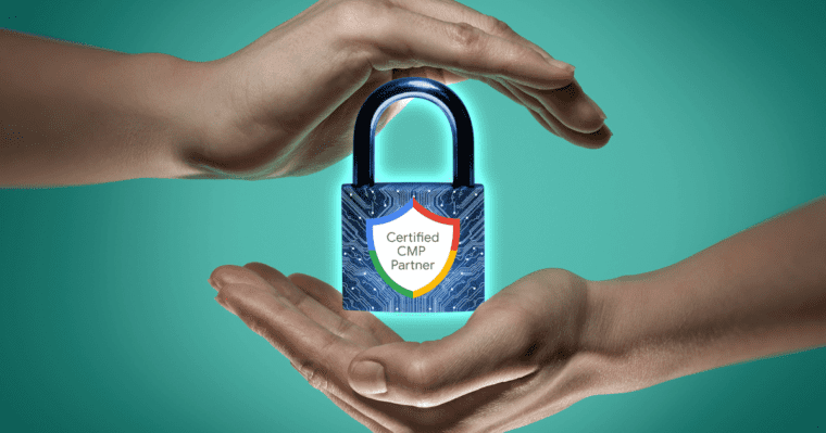 Padlock displaying google CMP partnership logo cupped by hands
