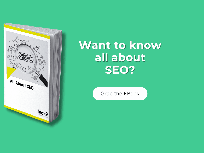 Banner image with teal background with a cutout of a book called all about seo and words reading want to know all about seo with a button cta to grab the book