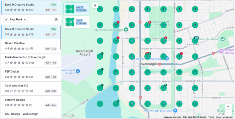 Image of Local SEO Map Rank Tracker showing back9 is the best for SEO optimisation in Invercargill