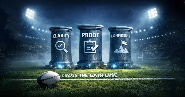 Three Stone Pillars Labelled Clarity, Proof, And Confidence On A Rugby Field, Representing The Drivers Of Digital Trust In The Gain Line Model