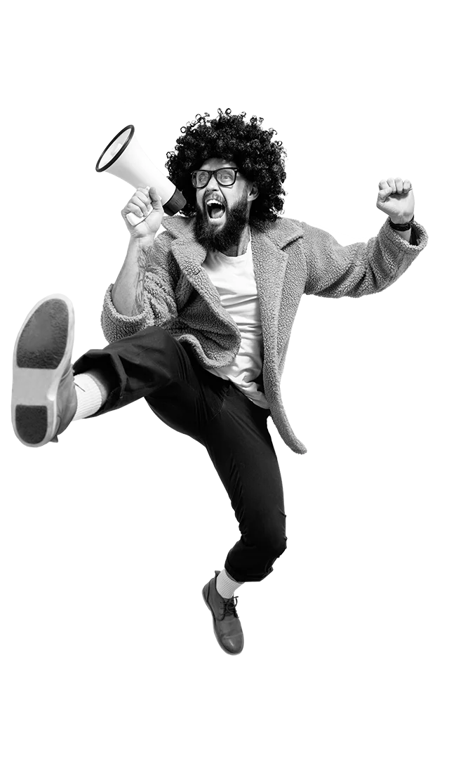 Black-and-white-image-of-a-guy-with-a-megaphone-for-digital-makreting-services-page.