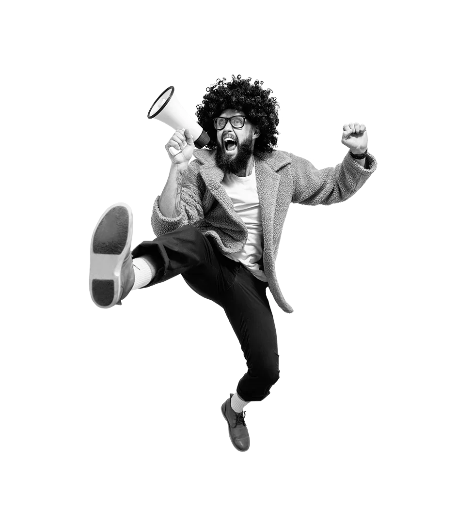 Black-and-white-image-of-a-guy-with-a-megaphone-for-digital-marketing-services-page