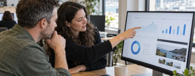 Woman Pointing At And Explaining Digital Results To Open Up The Engine Room And Build Trust Through Transparent Digital Marketing